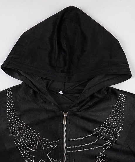 Y2K Glam Star Rhinestone Velvet Cropped Zip Hoodie | Fall Fashion Must-Have