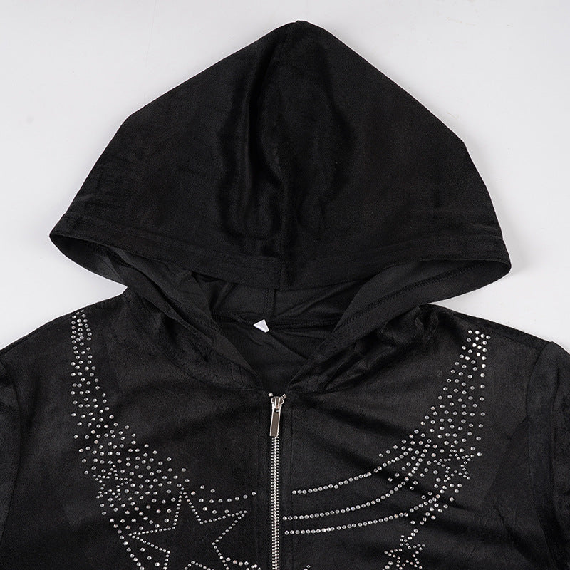 Y2K Glam Star Rhinestone Velvet Cropped Zip Hoodie | Fall Fashion Must-Have