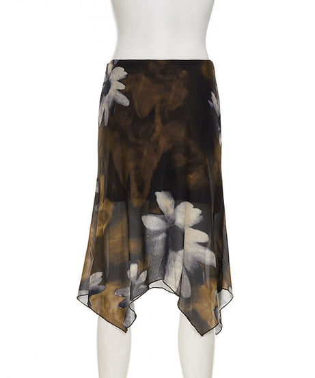 Autumn Bloom Asymmetrical Mesh Midi Skirt - Dark Floral Chic for Fall