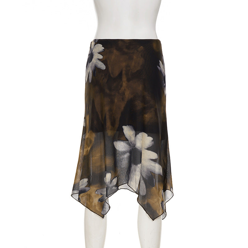 Autumn Bloom Asymmetrical Mesh Midi Skirt - Dark Floral Chic for Fall