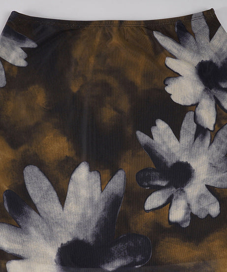 Autumn Bloom Asymmetrical Mesh Midi Skirt - Dark Floral Chic for Fall