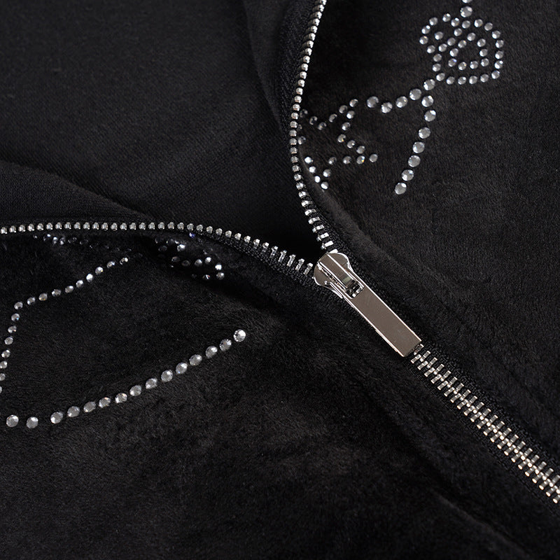 Y2K Glam Star Rhinestone Velvet Cropped Zip Hoodie | Fall Fashion Must-Have