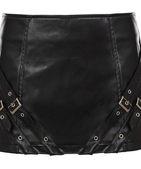 Edgy Moto Chic Faux Leather Buckle Mini Skirt - Fall Party & Concert Ready