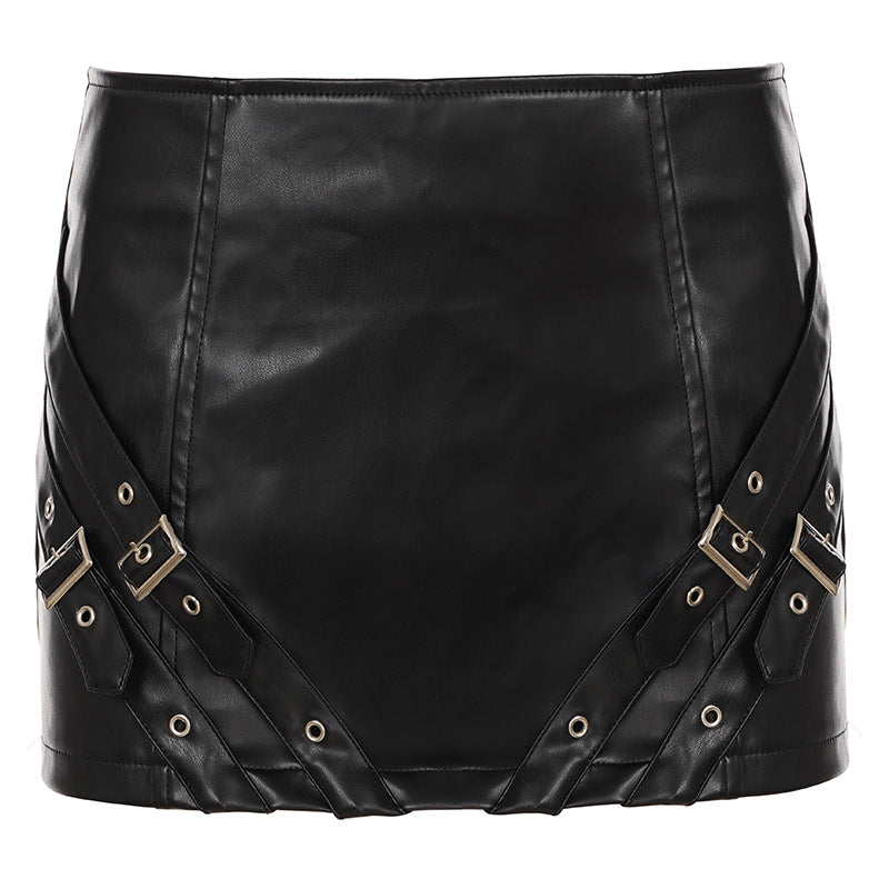 Edgy Moto Chic Faux Leather Buckle Mini Skirt - Fall Party & Concert Ready