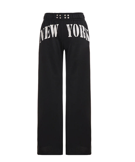 Iconic NYC Style: Black 'NEW YORK' Graphic Wide-Leg Lounge Pants – Fall Fashion Essential