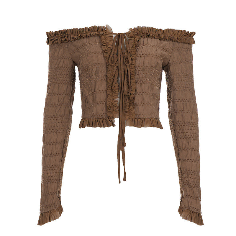 Autumn Allure: Off-Shoulder Smocked Ruffle Crop Top with Tie Front