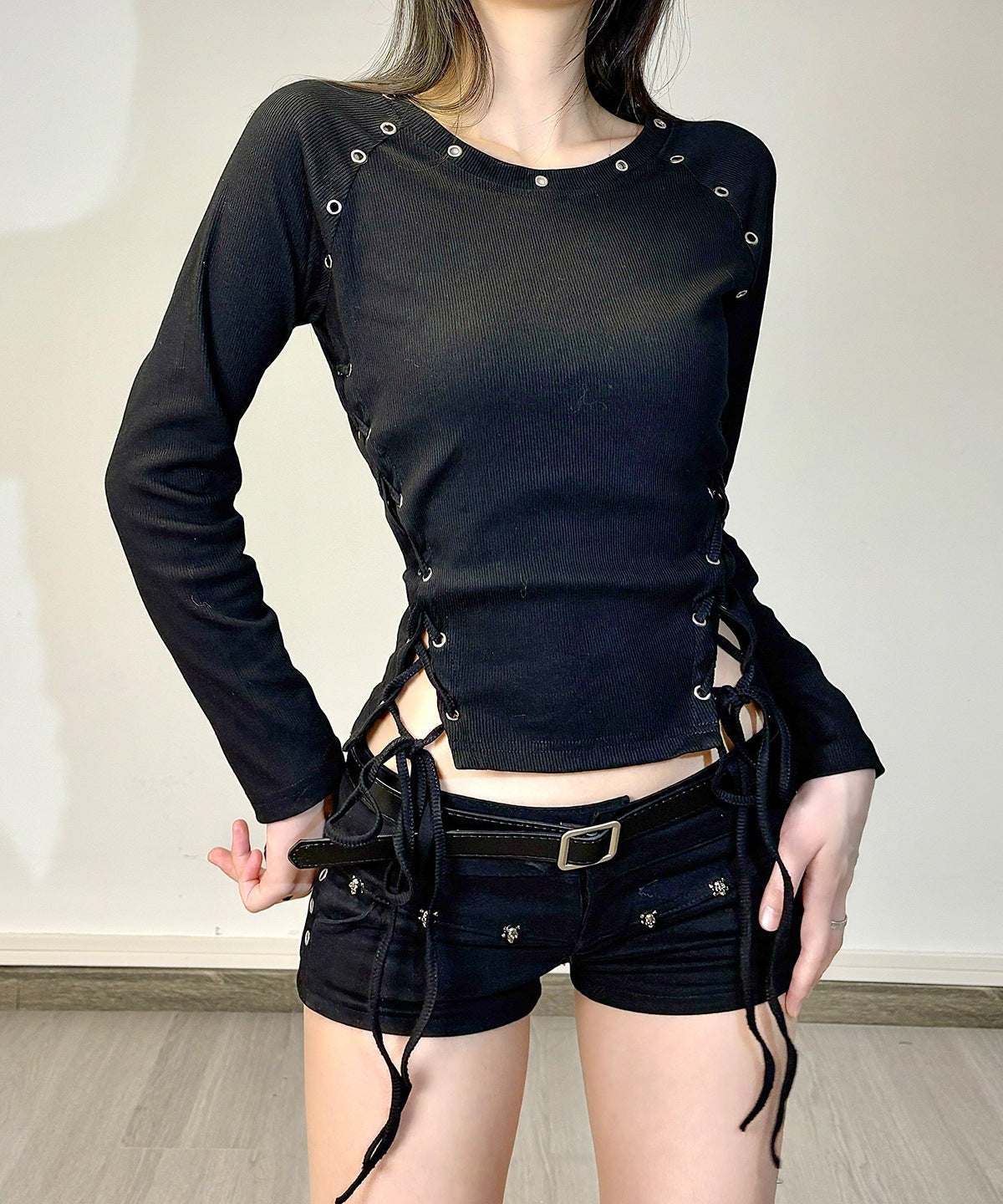 Spooky Chic Lace-Up Ribbed Long Sleeve Top - Edgy Goth Eyelet Fall Fashion
