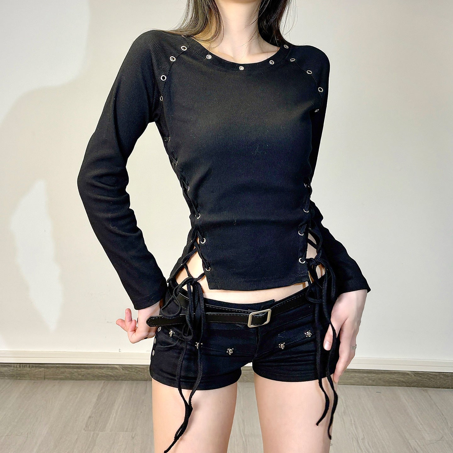 Spooky Chic Lace-Up Ribbed Long Sleeve Top - Edgy Goth Eyelet Fall Fashion