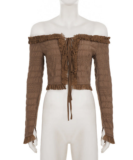 Autumn Allure: Off-Shoulder Smocked Ruffle Crop Top with Tie Front
