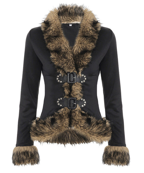 Chic Faux Fur Buckle Jacket – Edgy Fall & Winter Statement Top for Women