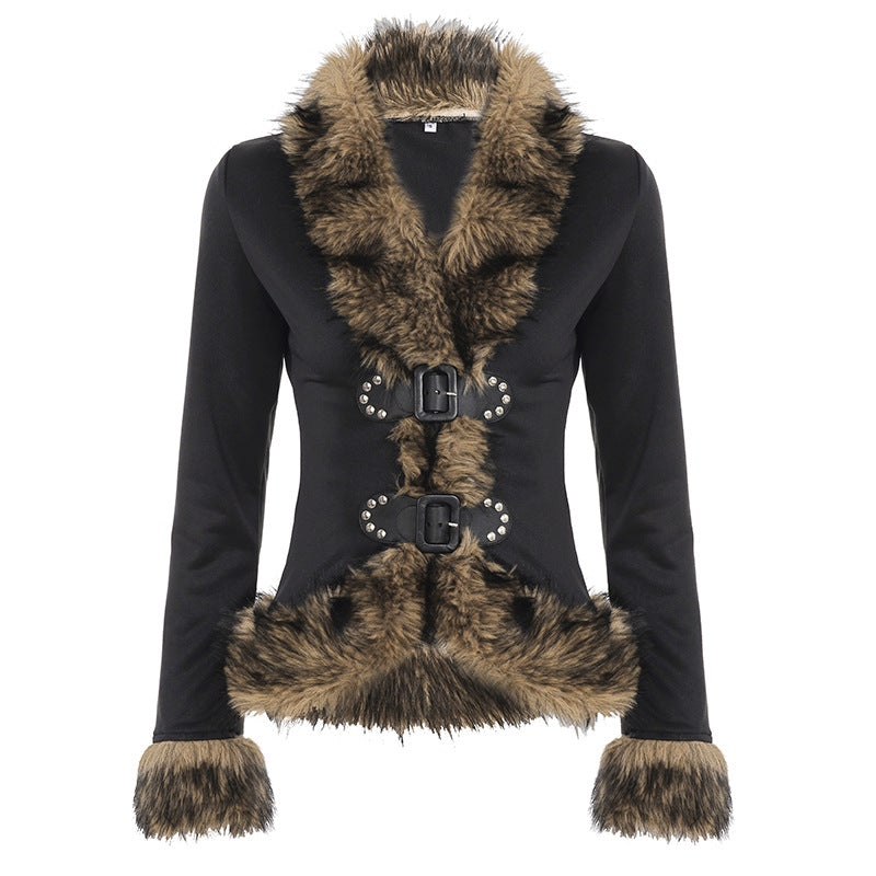 Chic Faux Fur Buckle Jacket – Edgy Fall & Winter Statement Top for Women
