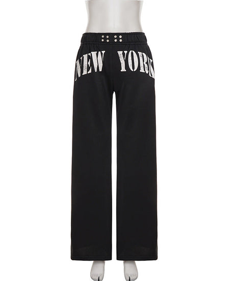 Iconic NYC Style: Black 'NEW YORK' Graphic Wide-Leg Lounge Pants – Fall Fashion Essential