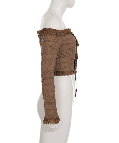 Autumn Allure: Off-Shoulder Smocked Ruffle Crop Top with Tie Front