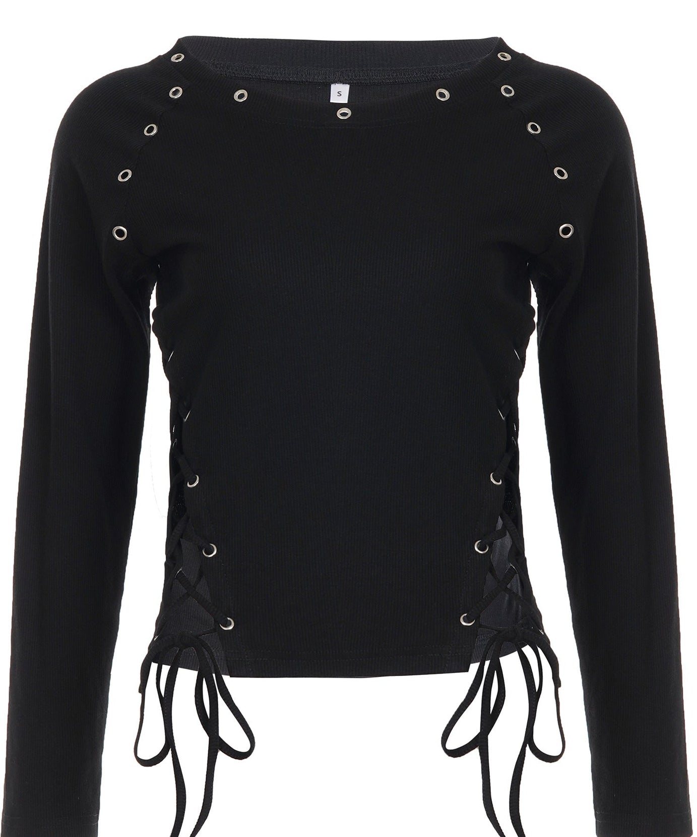 Spooky Chic Lace-Up Ribbed Long Sleeve Top - Edgy Goth Eyelet Fall Fashion