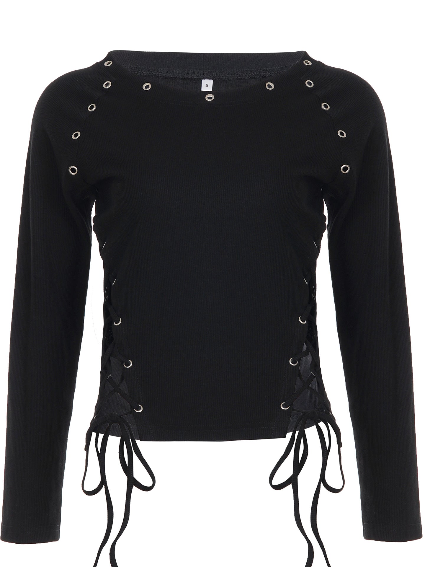 Spooky Chic Lace-Up Ribbed Long Sleeve Top - Edgy Goth Eyelet Fall Fashion