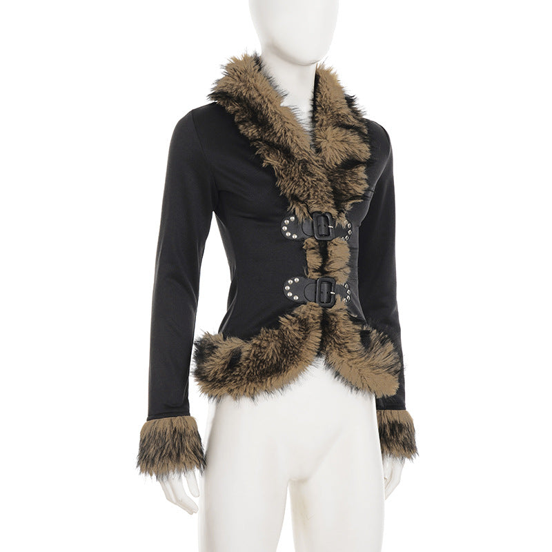 Chic Faux Fur Buckle Jacket – Edgy Fall & Winter Statement Top for Women