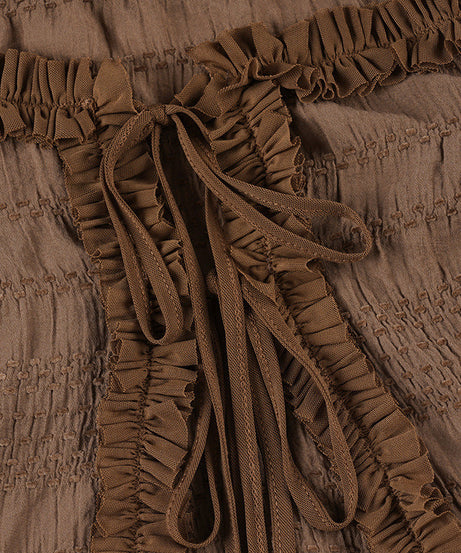 Autumn Allure: Off-Shoulder Smocked Ruffle Crop Top with Tie Front