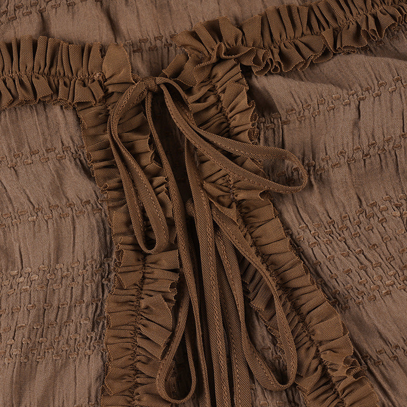 Autumn Allure: Off-Shoulder Smocked Ruffle Crop Top with Tie Front