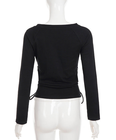 Spooky Chic Lace-Up Ribbed Long Sleeve Top - Edgy Goth Eyelet Fall Fashion