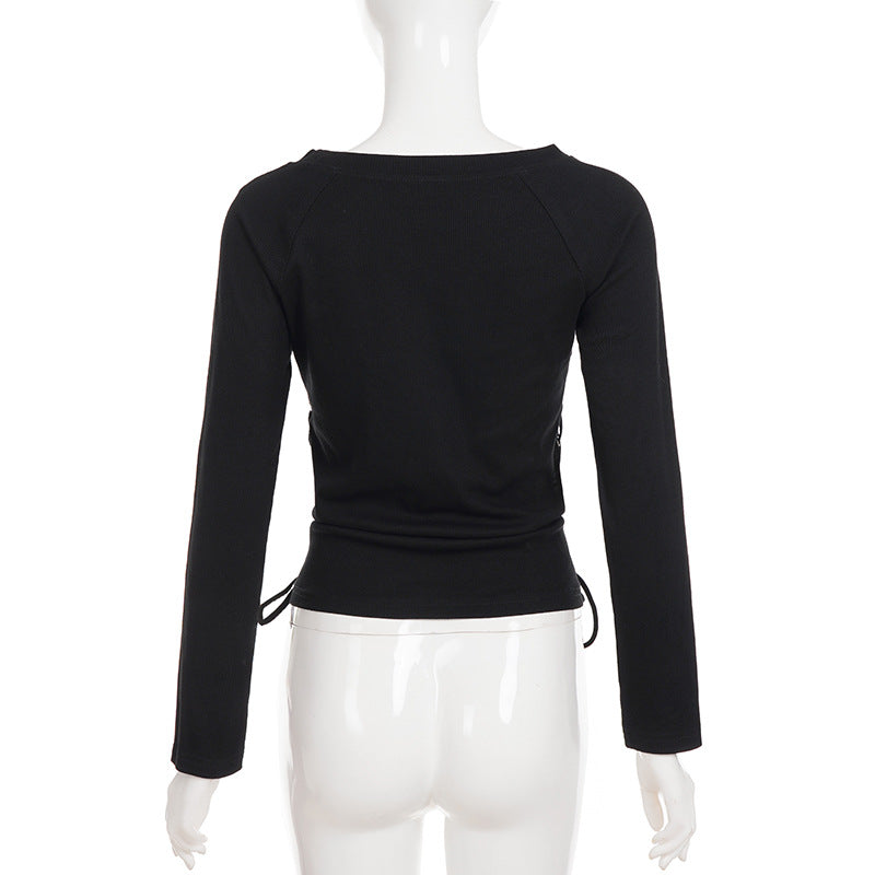 Spooky Chic Lace-Up Ribbed Long Sleeve Top - Edgy Goth Eyelet Fall Fashion