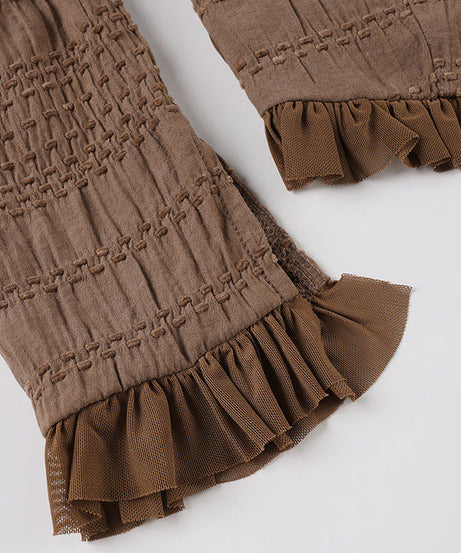 Autumn Allure: Off-Shoulder Smocked Ruffle Crop Top with Tie Front