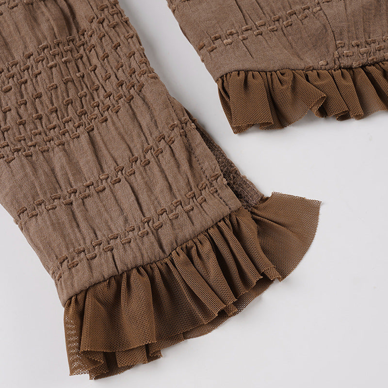 Autumn Allure: Off-Shoulder Smocked Ruffle Crop Top with Tie Front