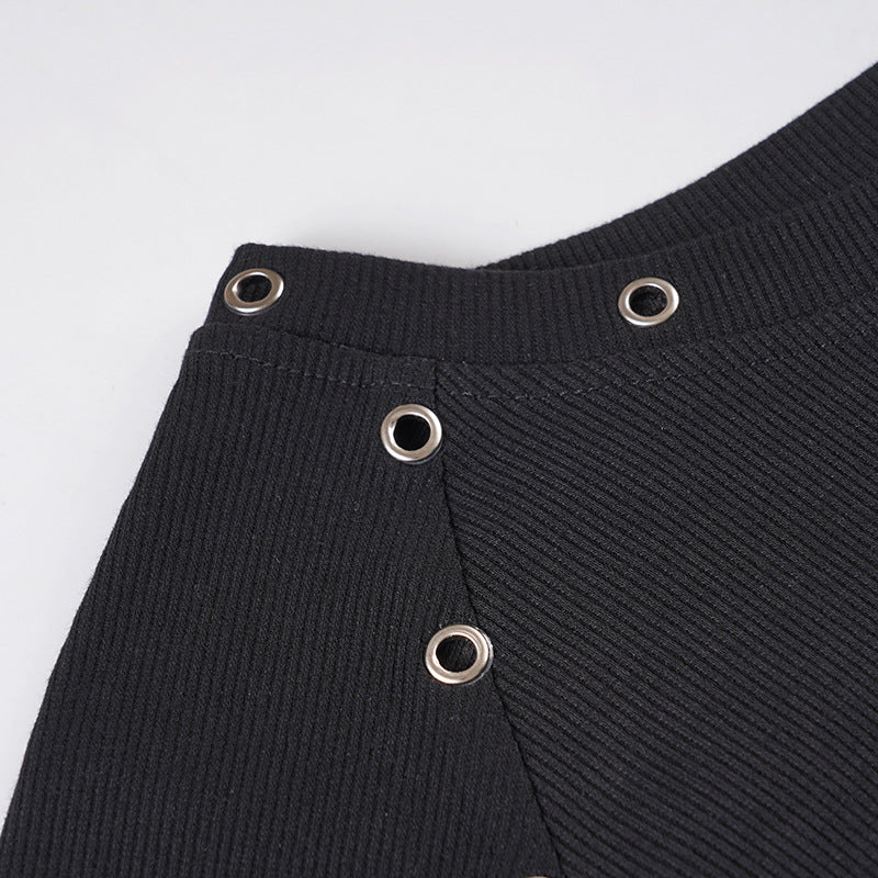 Spooky Chic Lace-Up Ribbed Long Sleeve Top - Edgy Goth Eyelet Fall Fashion