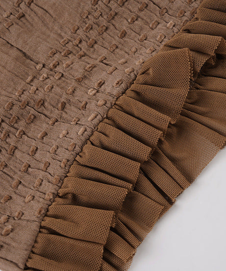 Autumn Allure: Off-Shoulder Smocked Ruffle Crop Top with Tie Front