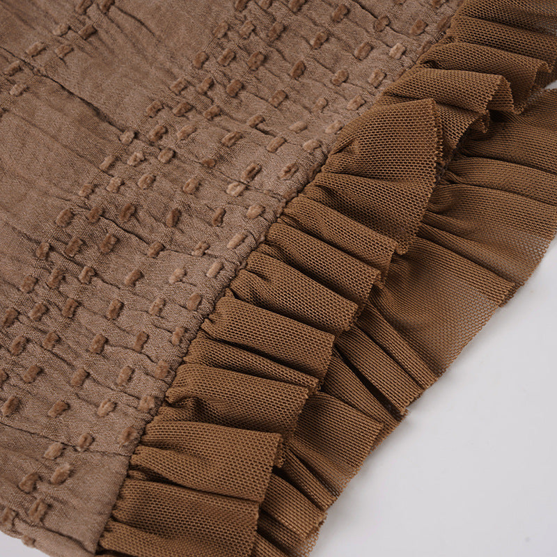 Autumn Allure: Off-Shoulder Smocked Ruffle Crop Top with Tie Front