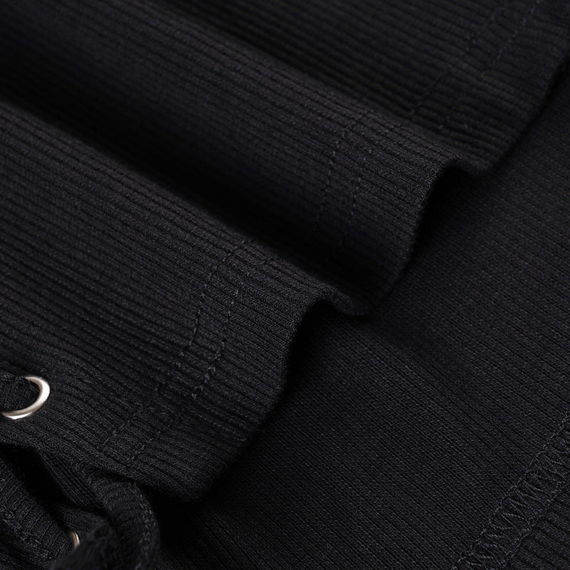 Spooky Chic Lace-Up Ribbed Long Sleeve Top - Edgy Goth Eyelet Fall Fashion