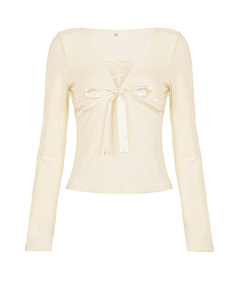 Romantic Ivory Lace & Bow V-Neck Top | Long Sleeve Coquette Chic for Fall