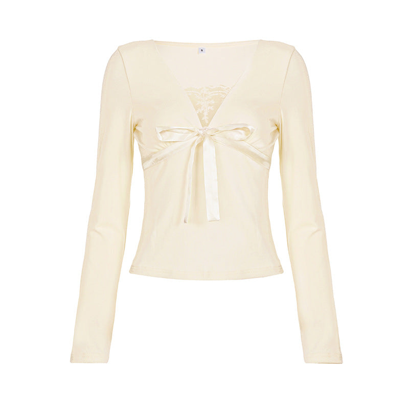 Romantic Ivory Lace & Bow V-Neck Top | Long Sleeve Coquette Chic for Fall
