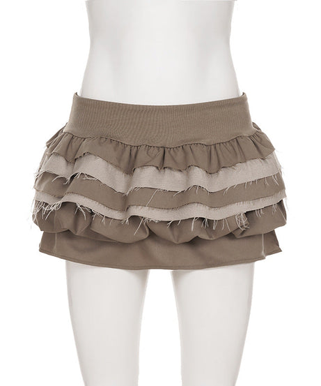 Fall Boho Chic Tiered Ruffle Mini Skirt | Frayed Raw Hem & Ruched Waist