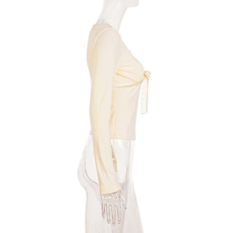 Romantic Ivory Lace & Bow V-Neck Top | Long Sleeve Coquette Chic for Fall