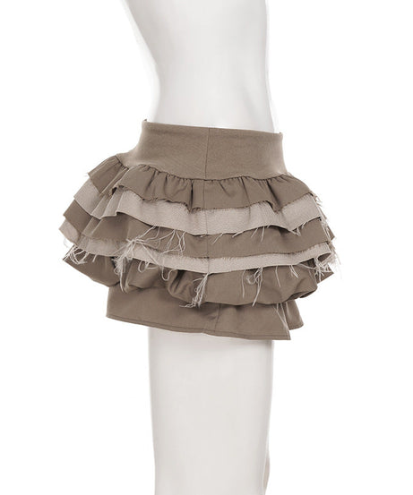 Fall Boho Chic Tiered Ruffle Mini Skirt | Frayed Raw Hem & Ruched Waist