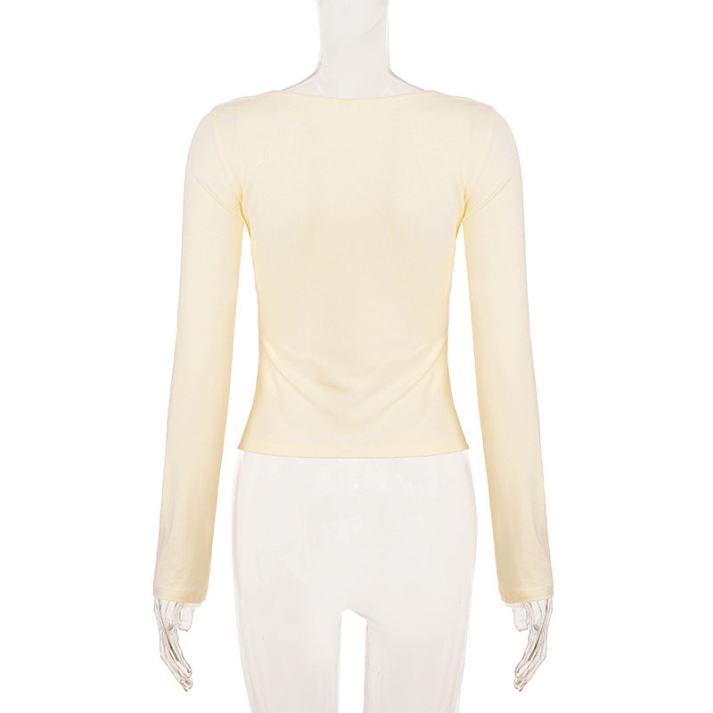 Romantic Ivory Lace & Bow V-Neck Top | Long Sleeve Coquette Chic for Fall