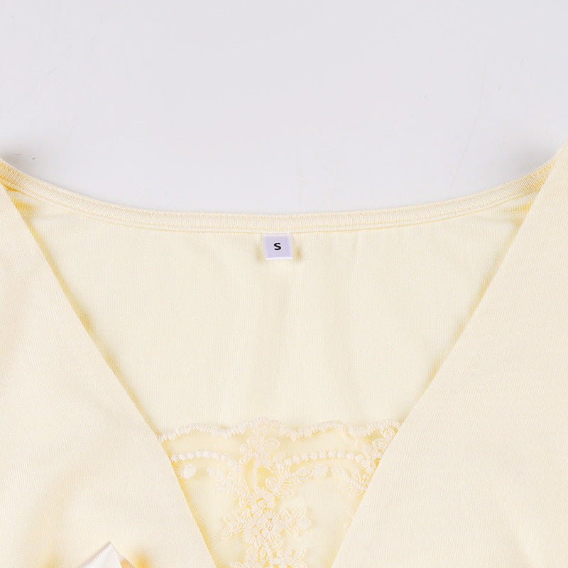 Romantic Ivory Lace & Bow V-Neck Top | Long Sleeve Coquette Chic for Fall