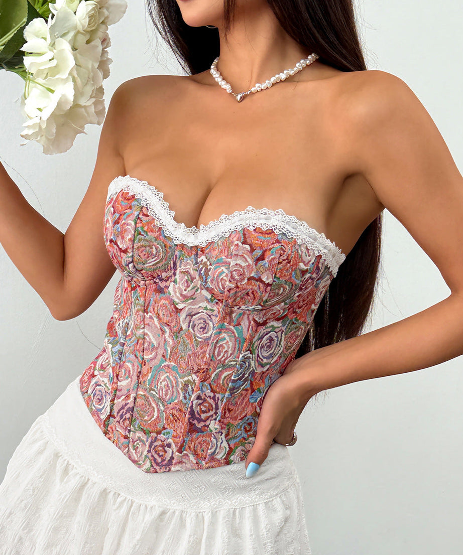 Romantic Fall Floral Bustier Top - Sweetheart Neck & Delicate Lace Trim