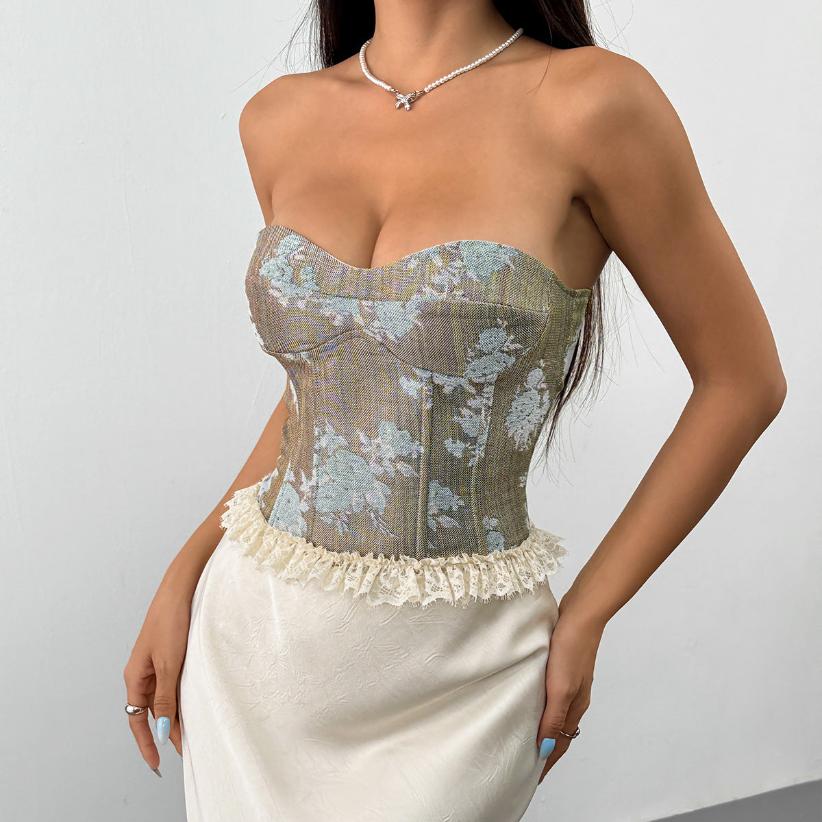 Elegant Floral Jacquard Corset Bustier Top – Fall & Holiday Chic with Delicate Lace