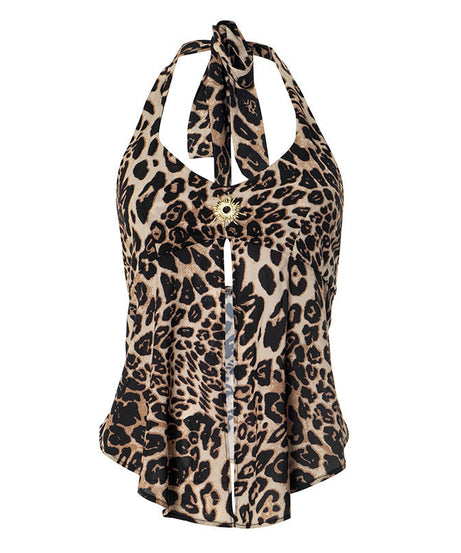 The Sahara Sunset Leopard Halter Top | Plunge Neck & Gold Sun Slit for Fall Parties