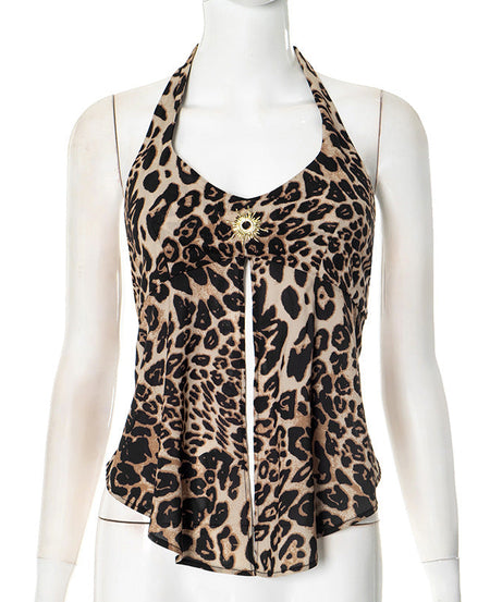 The Sahara Sunset Leopard Halter Top | Plunge Neck & Gold Sun Slit for Fall Parties