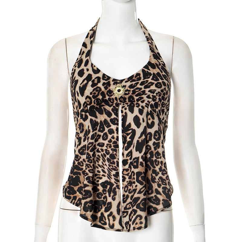 The Sahara Sunset Leopard Halter Top | Plunge Neck & Gold Sun Slit for Fall Parties