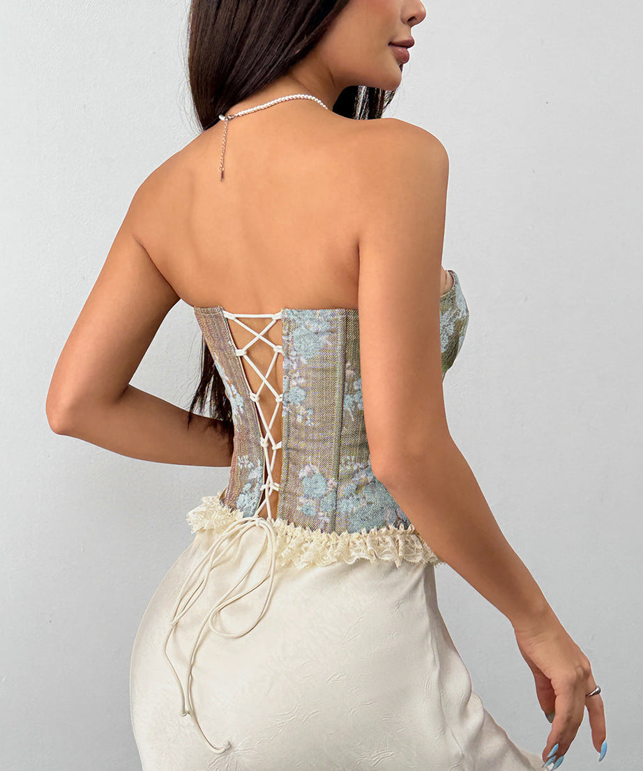 Elegant Floral Jacquard Corset Bustier Top – Fall & Holiday Chic with Delicate Lace