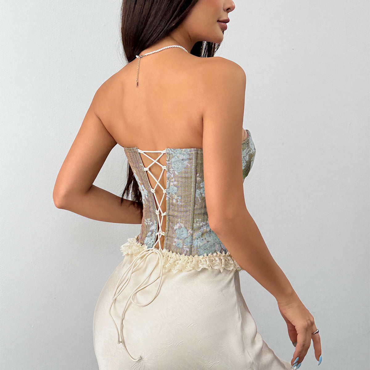 Elegant Floral Jacquard Corset Bustier Top – Fall & Holiday Chic with Delicate Lace