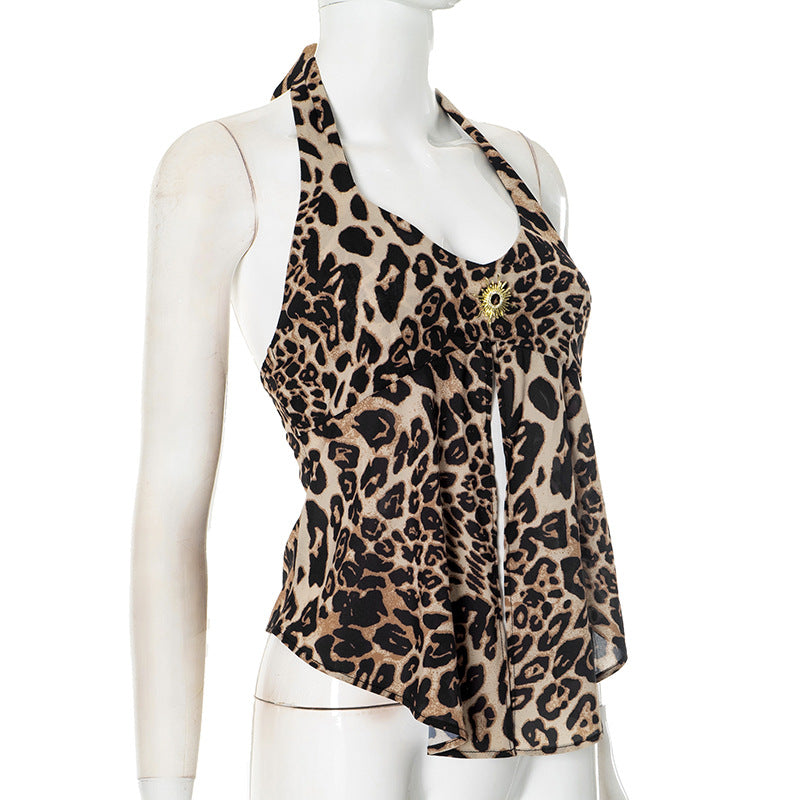The Sahara Sunset Leopard Halter Top | Plunge Neck & Gold Sun Slit for Fall Parties