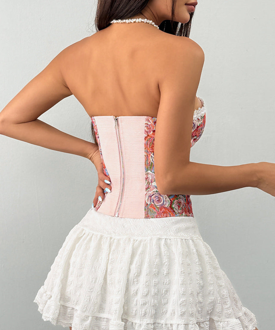 Romantic Fall Floral Bustier Top - Sweetheart Neck & Delicate Lace Trim