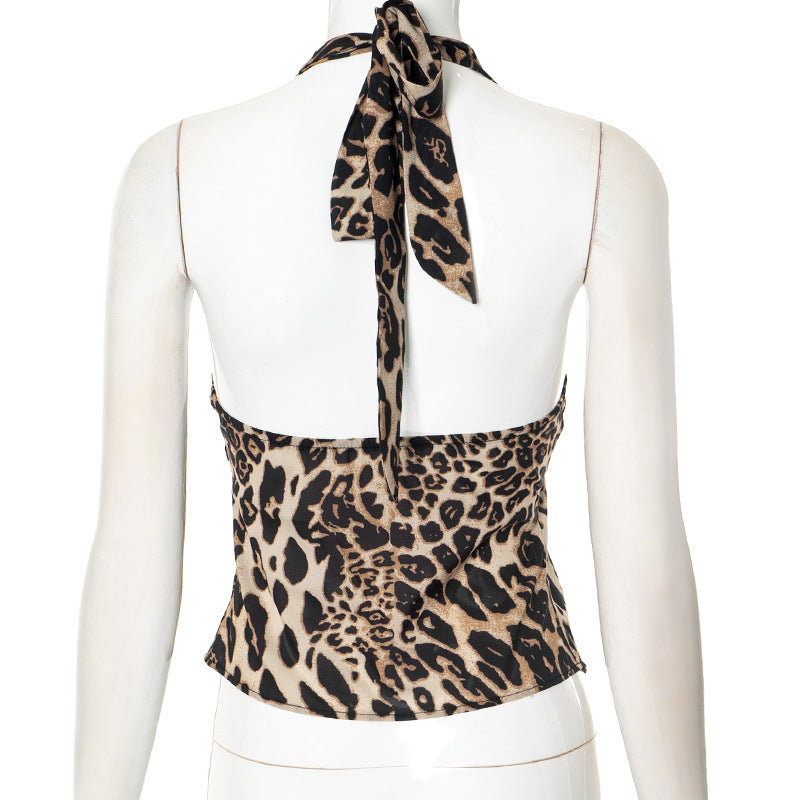 The Sahara Sunset Leopard Halter Top | Plunge Neck & Gold Sun Slit for Fall Parties