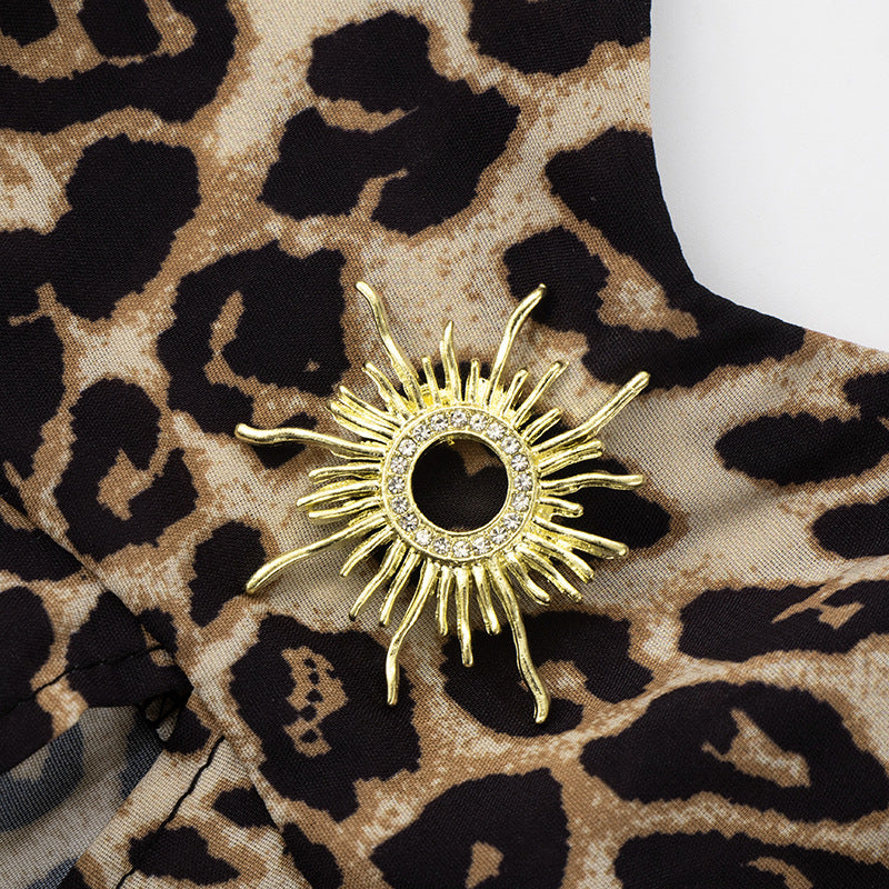 The Sahara Sunset Leopard Halter Top | Plunge Neck & Gold Sun Slit for Fall Parties