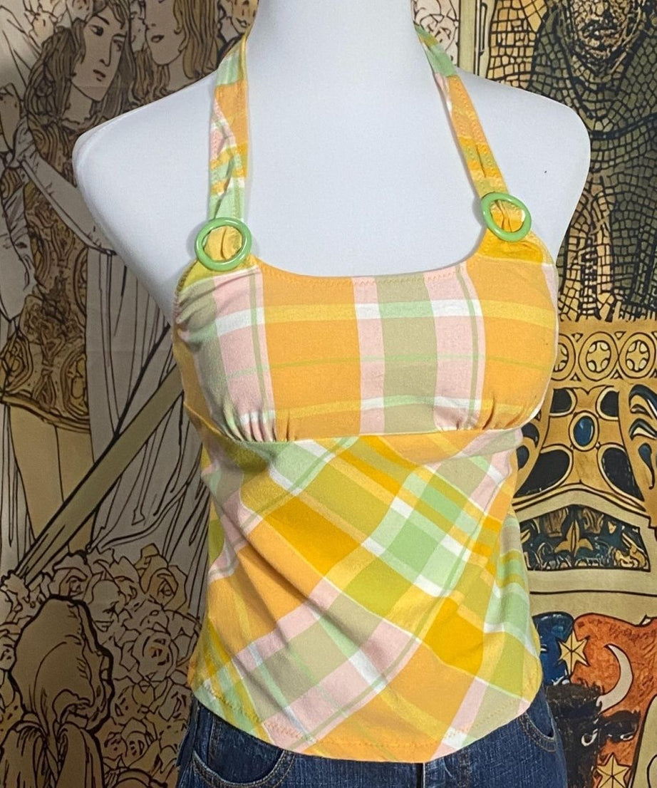 Retro Plaid Halter Crop Top - Y2K O-Ring Design for Sunny Days & Vacation