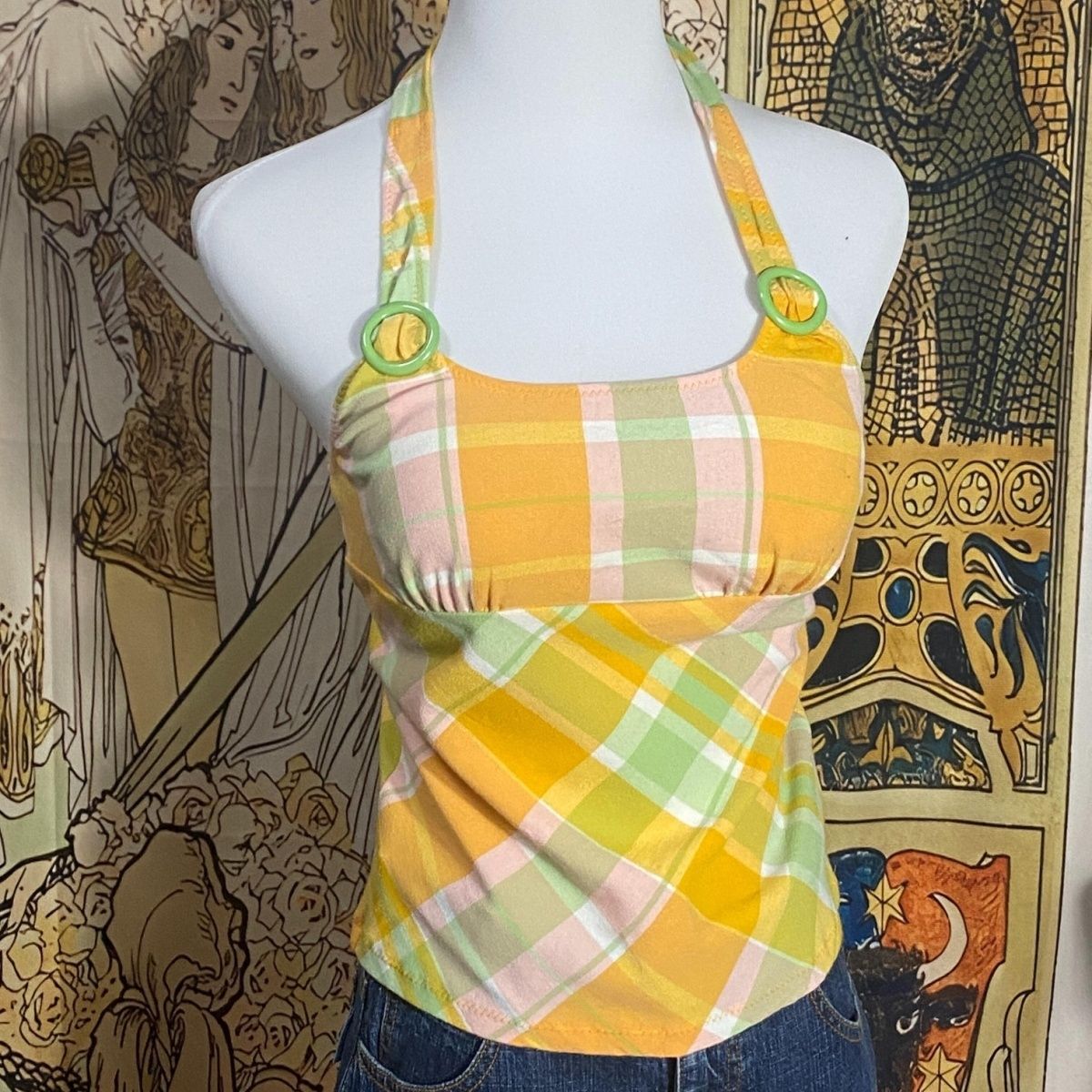 Retro Plaid Halter Crop Top - Y2K O-Ring Design for Sunny Days & Vacation